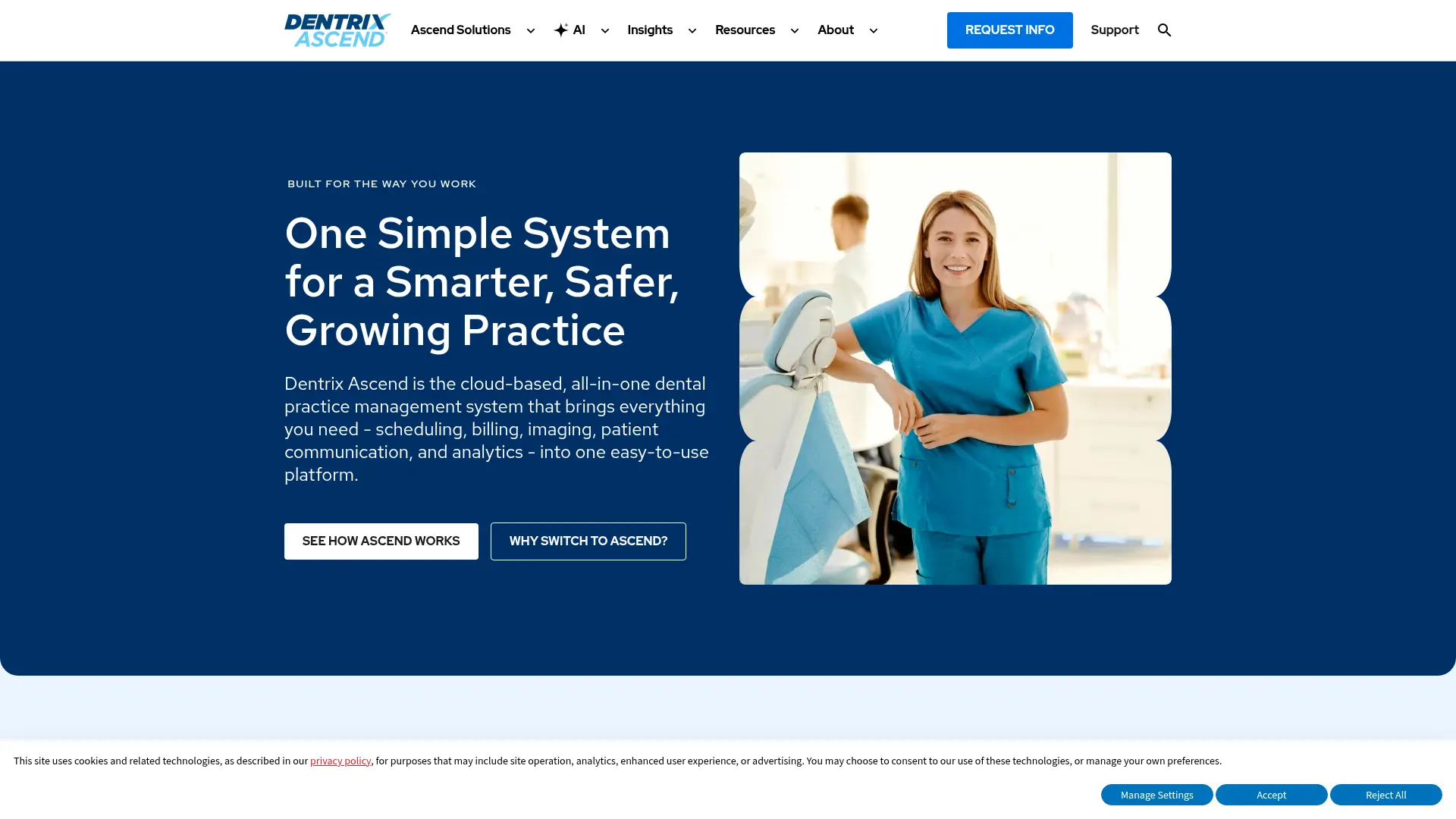 Screenshot of the Dentrix Ascend homepage as it appeared on 2026-08-01